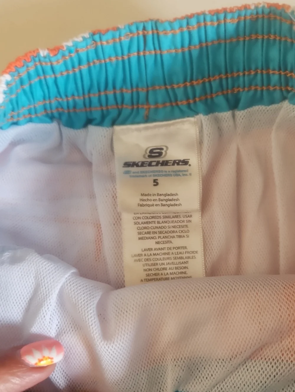 Skechers Orange and White Shark-Print Swim Trunks with Blue Drawstring